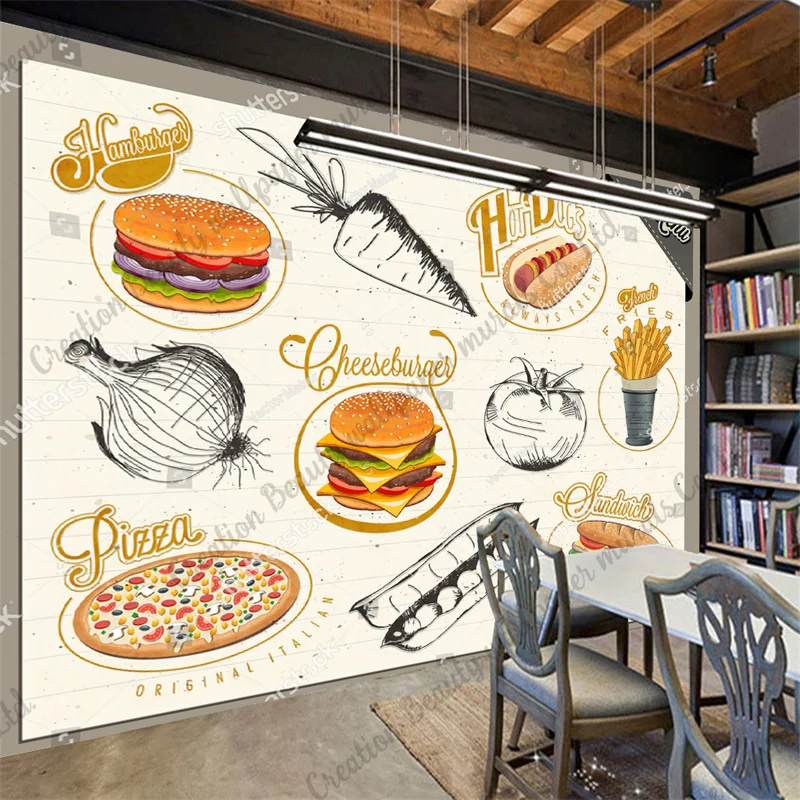 Hand-painted Hamburger Pizza Wallpaper Industrial Decor Mural Fast Food Restaurant Snack Bar Background Wall Papel De Parede