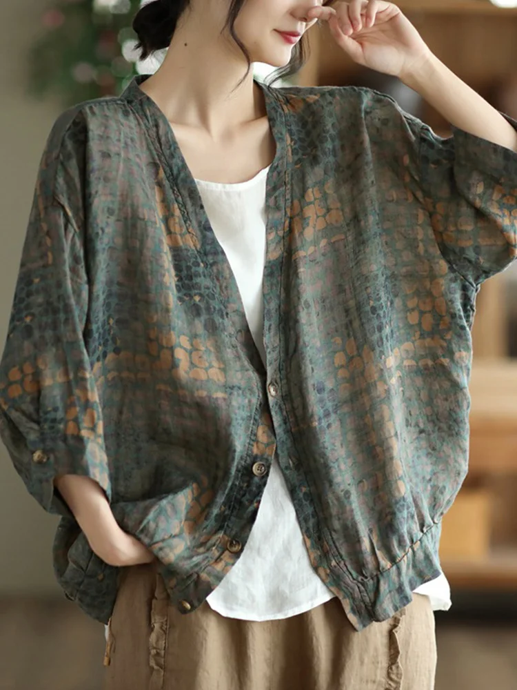 

Льняной Jaet, женский летний свободный винтажный принт с v-образным вырезом, тонкий хлопковый льняной солнцезащитный топ с растительным цветочным принтом для поездок на работу, пуговицы све