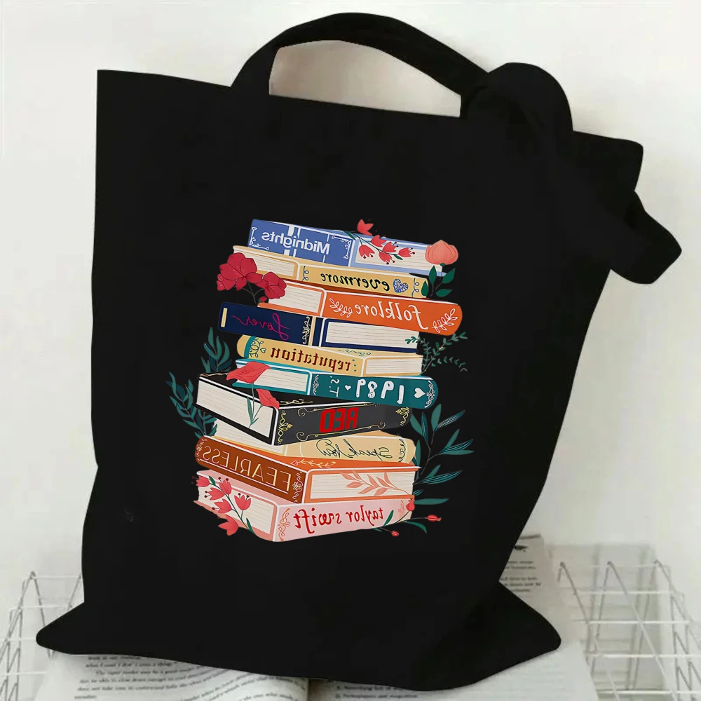 Fantasy Dragons and Stack of Books Canvas Tote Bag, Magical Book Lover Shoulder Bag for ACOTAR Fans and Readers