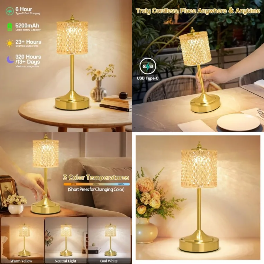 

Cordless Crystal Table Lamp, 5200mAh Rechargeable Battery, 3 Color Dimmable Touch Control, Portable Vintage Gold Desk Lamp for
