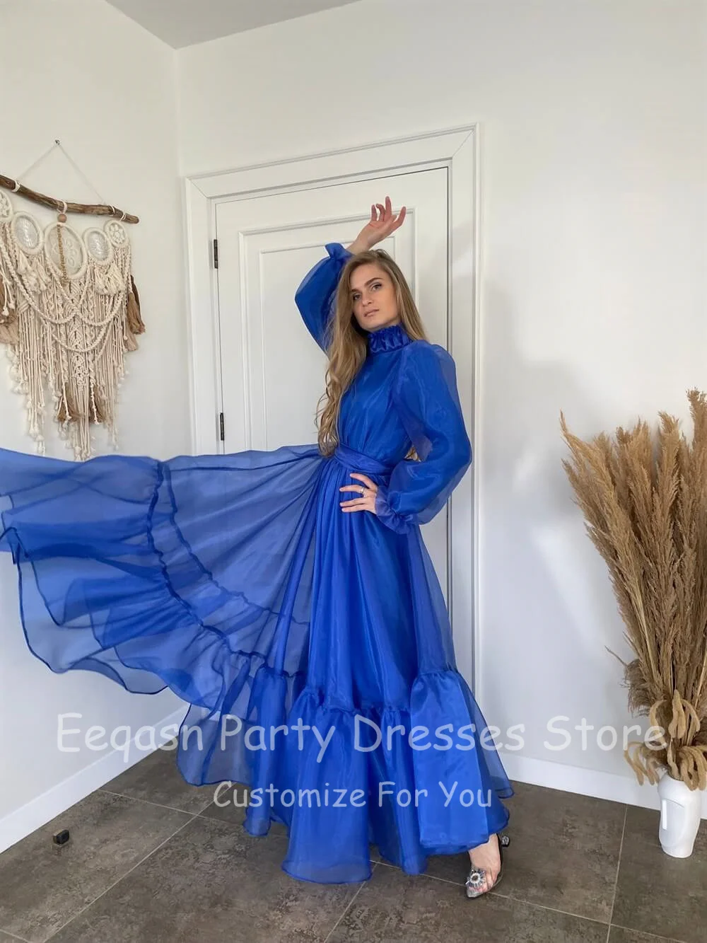 A Line Teal Blue High Neck Organza Prom Dresses Lining Long Sleeves Women Evening Gowns High Neck Customized Formal Party Dress