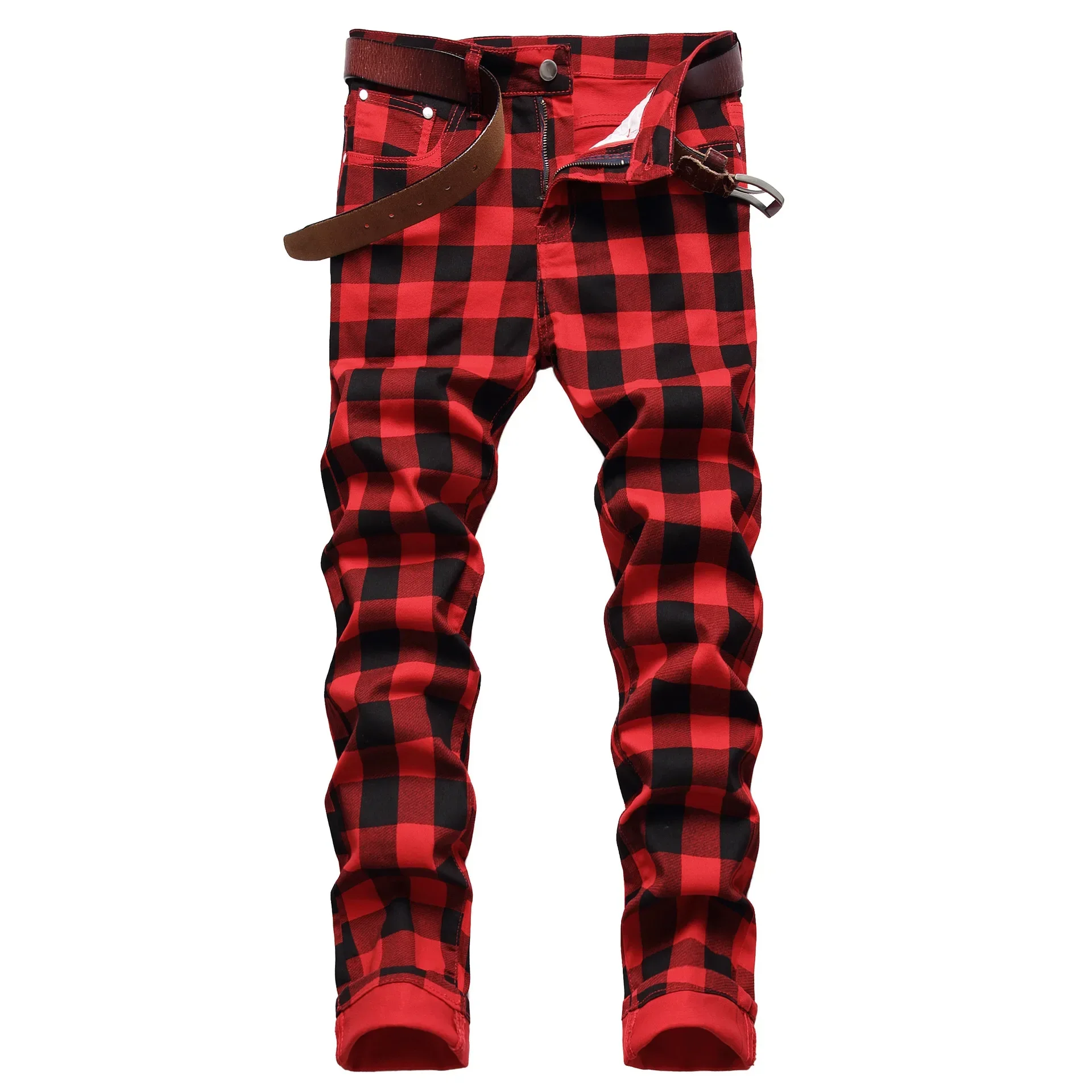 

Jeans Pencil Pants Men Denims Plaid Print Skinny Straight Ankle Length Trousers Mid Waist Washed 2025 Streetwear Distressed