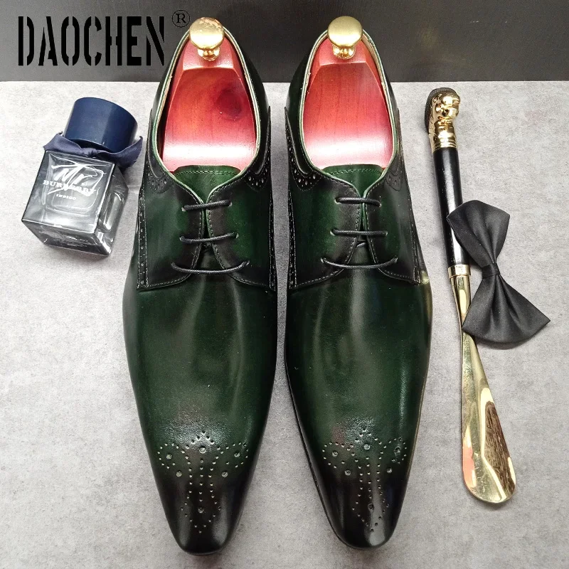 Luxury Brand Derby Men Shoes Lace Up Pointed Toe Brogue Green Black Shoes Casual Dress Wedding Office Leather Shoes Men