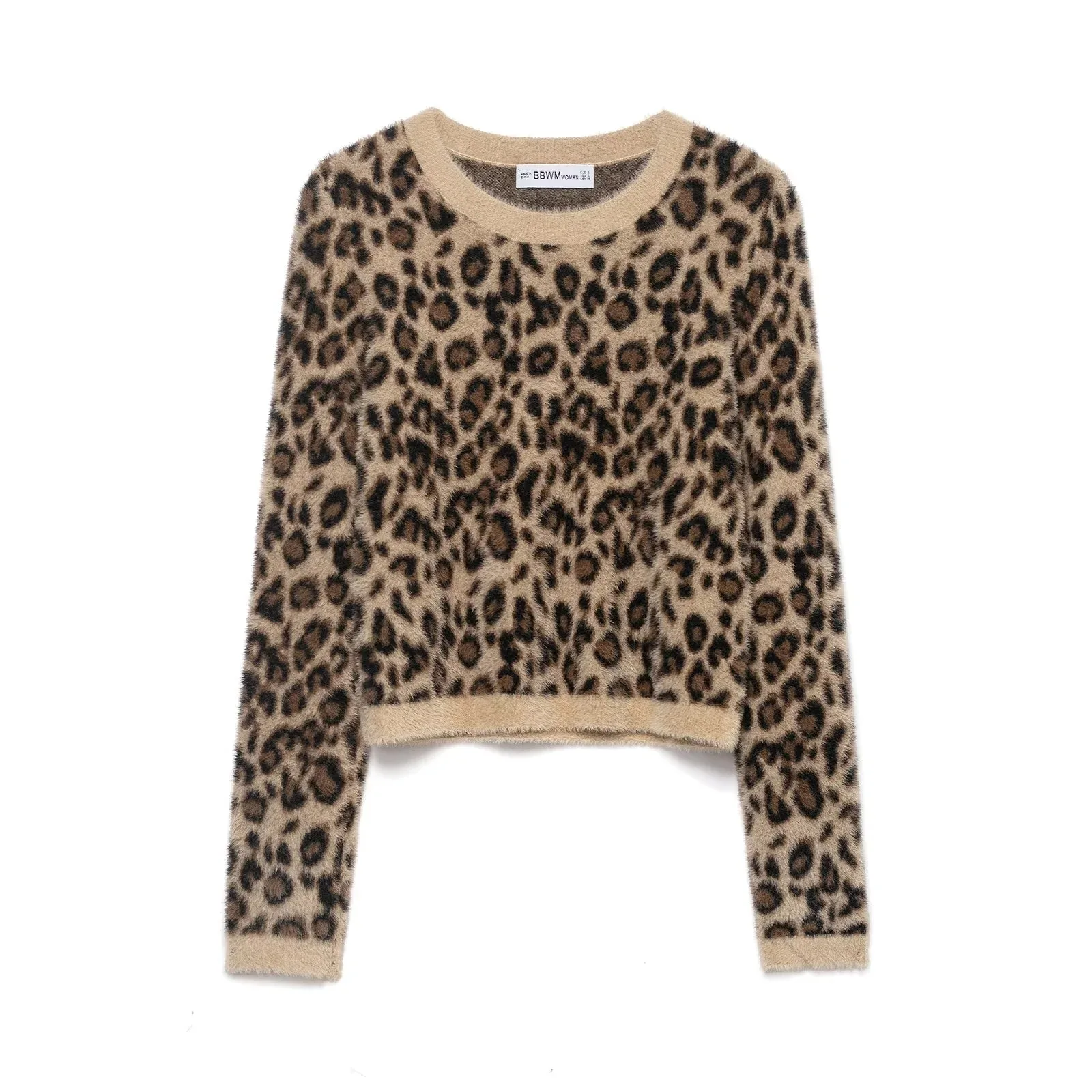 

Autumn Retro Women's Casual Long-Sleeved Crew Neck Knit Sweater with Animal Leopard Print Ribbed Sweater