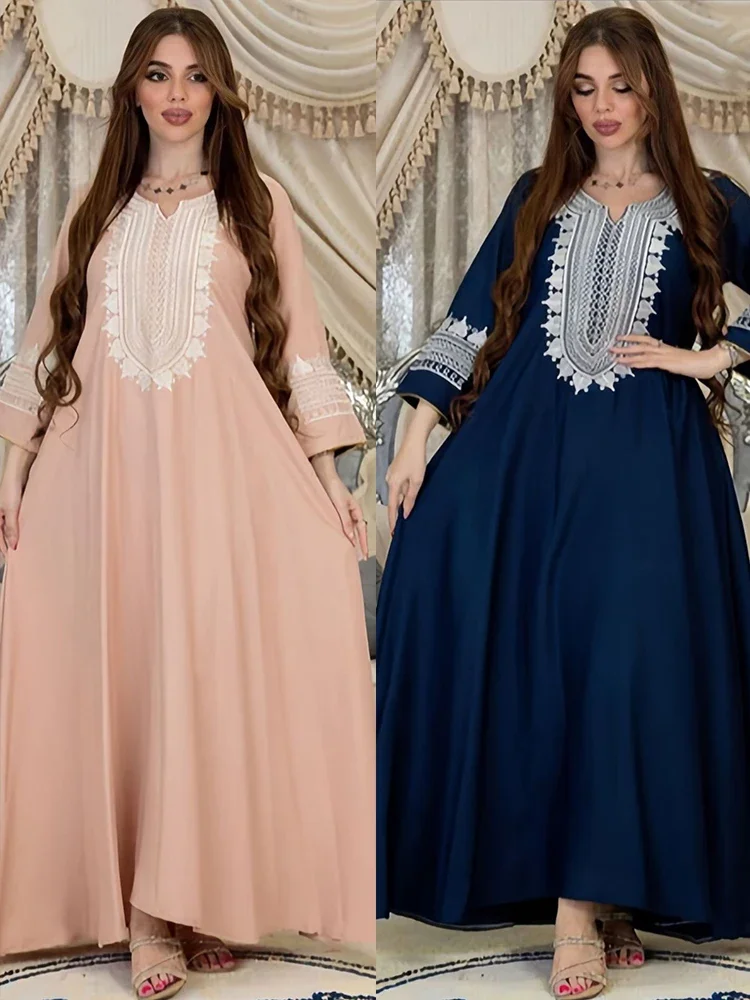 Eid Embroidery Arab Muslim Party Dress for Women Abaya Jalabiya Long Dresses Morocco Kaftan Vestidos Dubai Ramadan Gown Robe