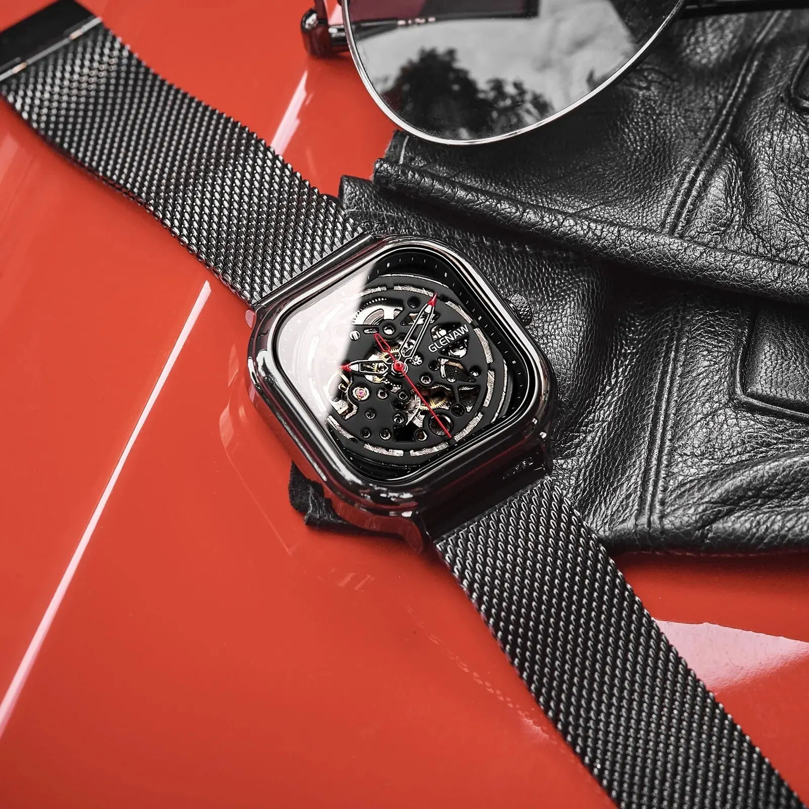 ساعة GLENAW ساعة ميكانيكية أوتوماتيكية بتصميم أجوف ساعة فاخرة مقاومة للماء من الفولاذ المقاوم للصدأ ساعة رجالية