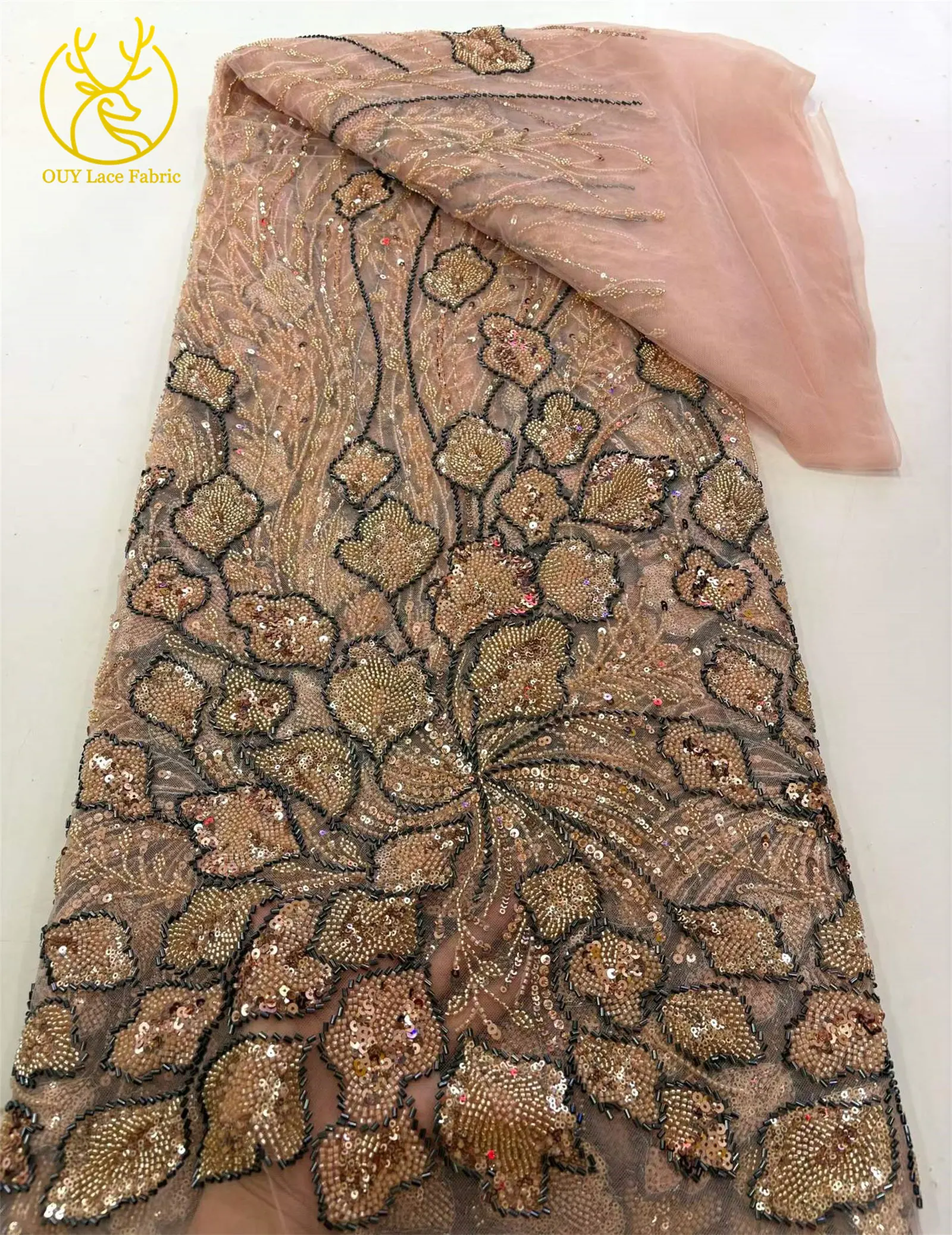 Großhandel Nigerianischer Brautkleid-Spitzenstoff 2026 Luxuriöse Französische Afrikanische Pailletten-Tüllspitze für Hochzeitskleider und Partykleider zum Nähen – Detail 11