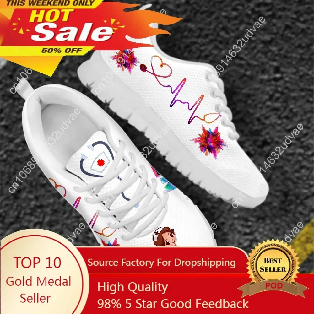 

New Cartoon Nurse Shoes for Women Medical Heart Beat Brand Design Breathable Sneakers Flats Shoes Zapatos Mujer