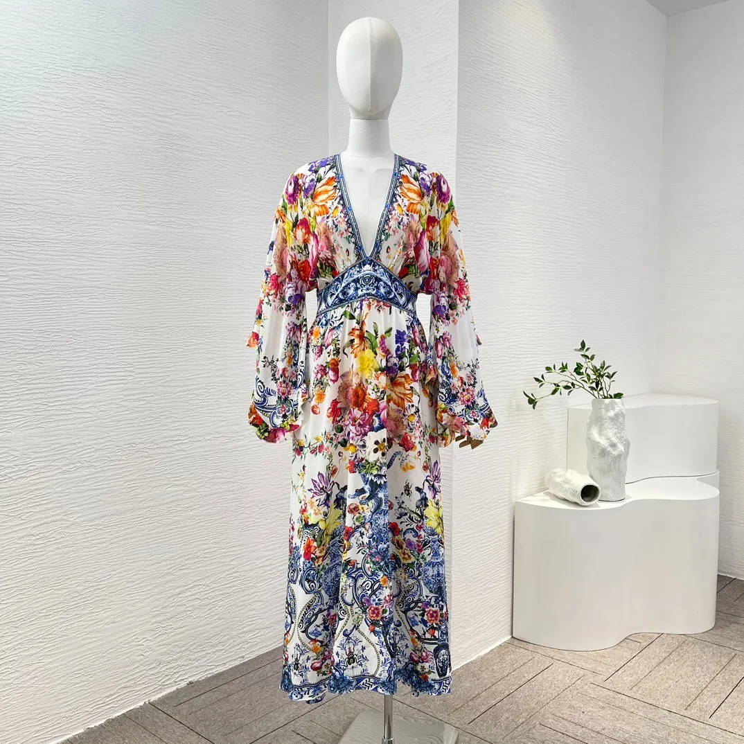 Silk White and Blue Porcelain Flowers Print Long Sleeve Diamonds Pressed V-Neck Midi Dress 2024 New Clothing