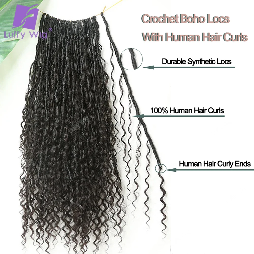 Boho Locs Crochet com cachos, Pré Looped tranças deusa sintética, Knotless Dreadlocks Faux, Trança de cabelo, LuffyWig