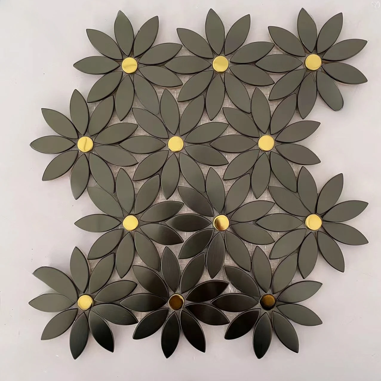 Azulejos de mosaico de Metal con flores de oro negro para cocina, contra salpicaduras, chimenea, ducha, pegatinas de pared de gabinete DIY, decoración creativa para el hogar