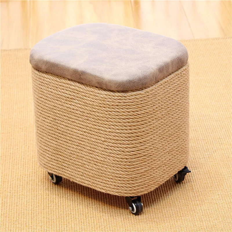 Rope Rolling Storage Stool Solid Wood Ottoman, Wicker Shoe Bench with Hidden Compartment, Entryway Sitting Box with Casters