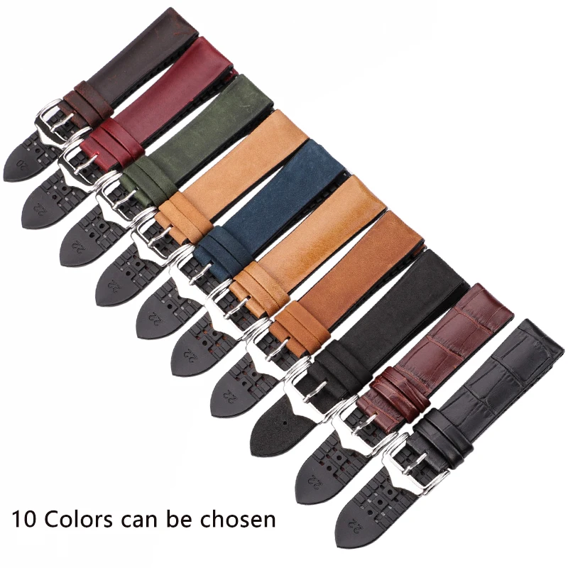 Genuine Leather Watch Band Bracelet Men Women 10 Colors Rubber Waterproof Breathable Watchband 18mm 20mm 22mm Strap Accessories