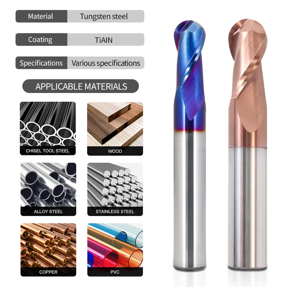 HRC55/65 Ball Nose Milling Cutter 2Flutes Carbide End Mill Radius R0.5-R10 CNC Milling Tools Spiral Router Bit for Metal Steels