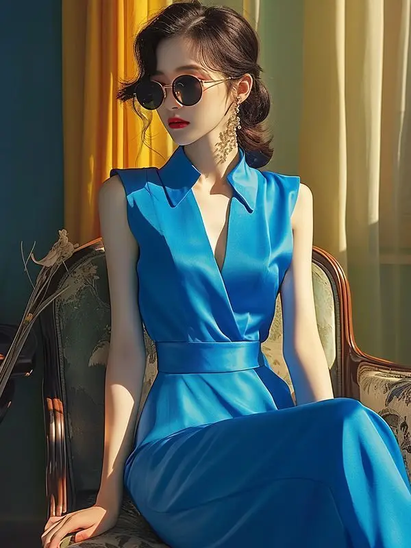 Nieuwe zomer elegante jurk damesmode satijnen revers mouwloze slanke taille sexy v-hals kantoor dame jurken effen kleur vestidos