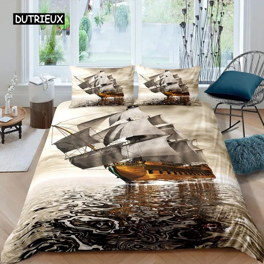 Microfibra Veleiro Duvet Cover Set, Náutico Decoração, Rainha Retro Pirata, Consolador, Pôr do sol, Padrão Marinha, Cama