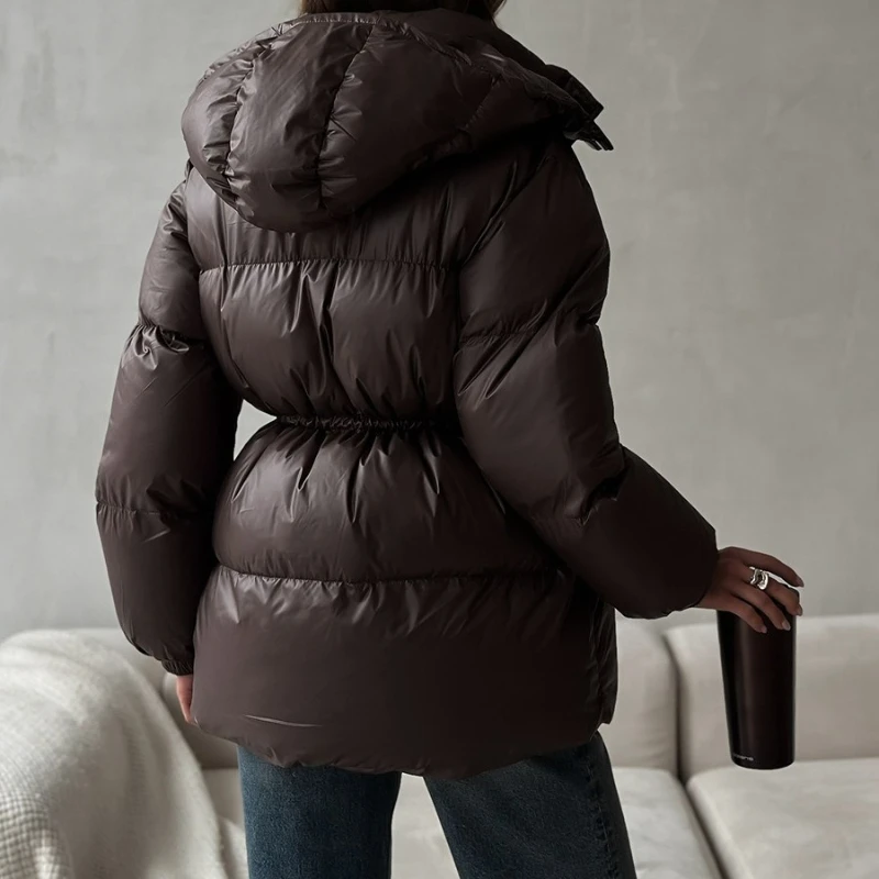 Thicken Cotton Jackets Women Standneck Zipper Long Sleeves Lace Up Detachable Hat Coats Female 2025 Winter Warm Fashion Outwears