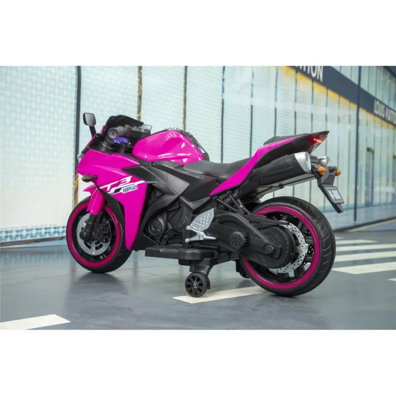 มอเตอร์ไซค์เด็ก 12V ขับเคลื่อนด้วยมือ พร้อมล้อช่วยฝึกหัด คันเร่งแบบแมนนวล ล้อมีไฟ สำหรับเด็กชายและเด็กหญิง อายุ 3-6 ปี