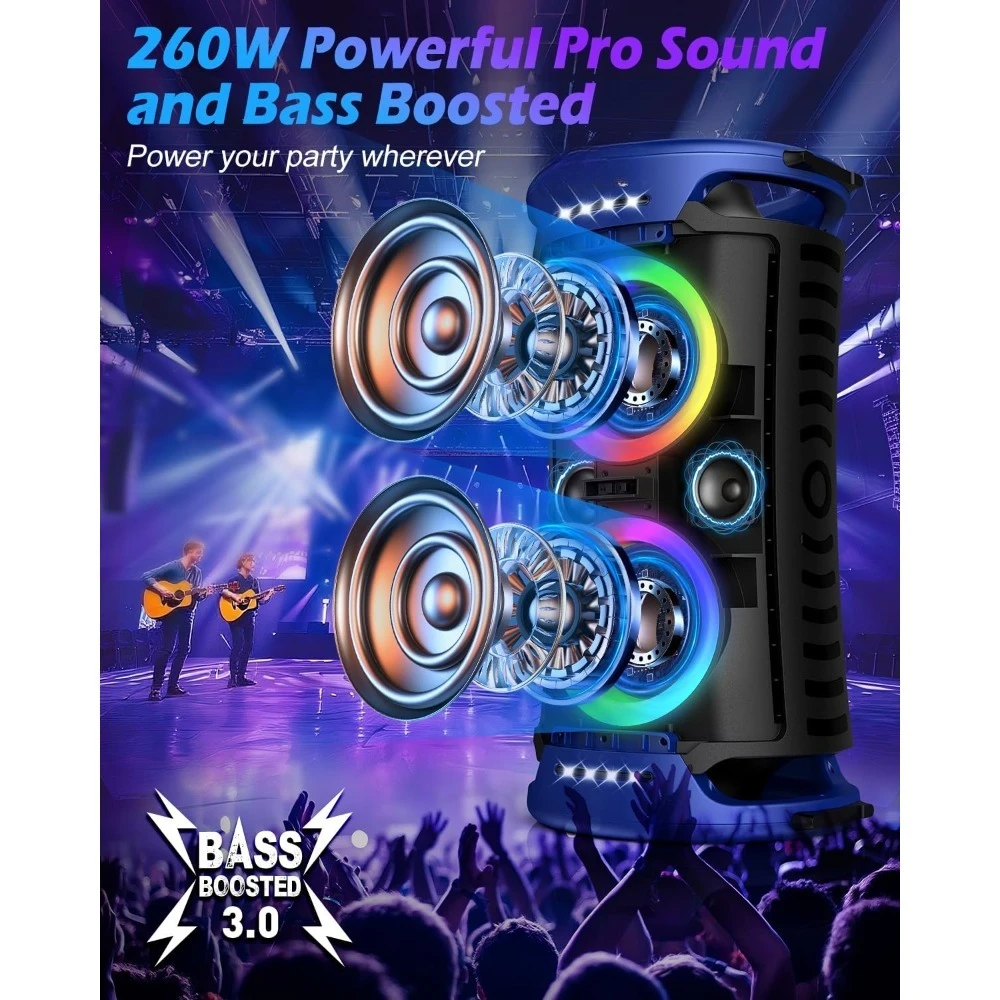 260W Peak Power Bluetooth Speaker with Deep Bass 15H Playtime Fast Charge RGB Lights TWS Portable for Outdoor Party Beach