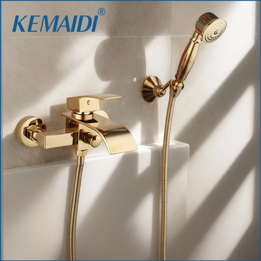 

KEMAIDI Bathtub Faucet Waterfall Tub Faucet with Handheld Sprayer Modern Bathroom Tub Filler Solid Brass Shower Faucet Set Gold