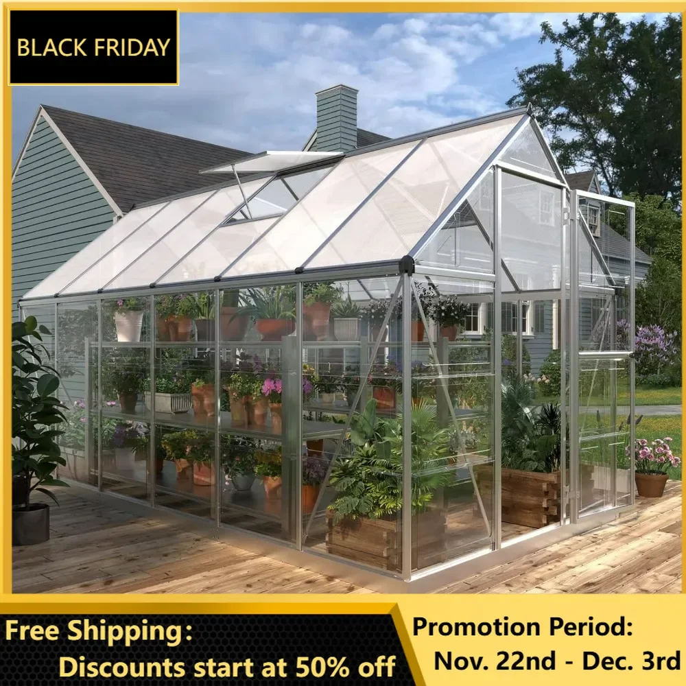 6x12 FT Hybrid Polycarbonate Greenhouse with 2 Vent Window, Walk-in Hobby Greenhouse with Lockable Hinged Door, Aluminum House