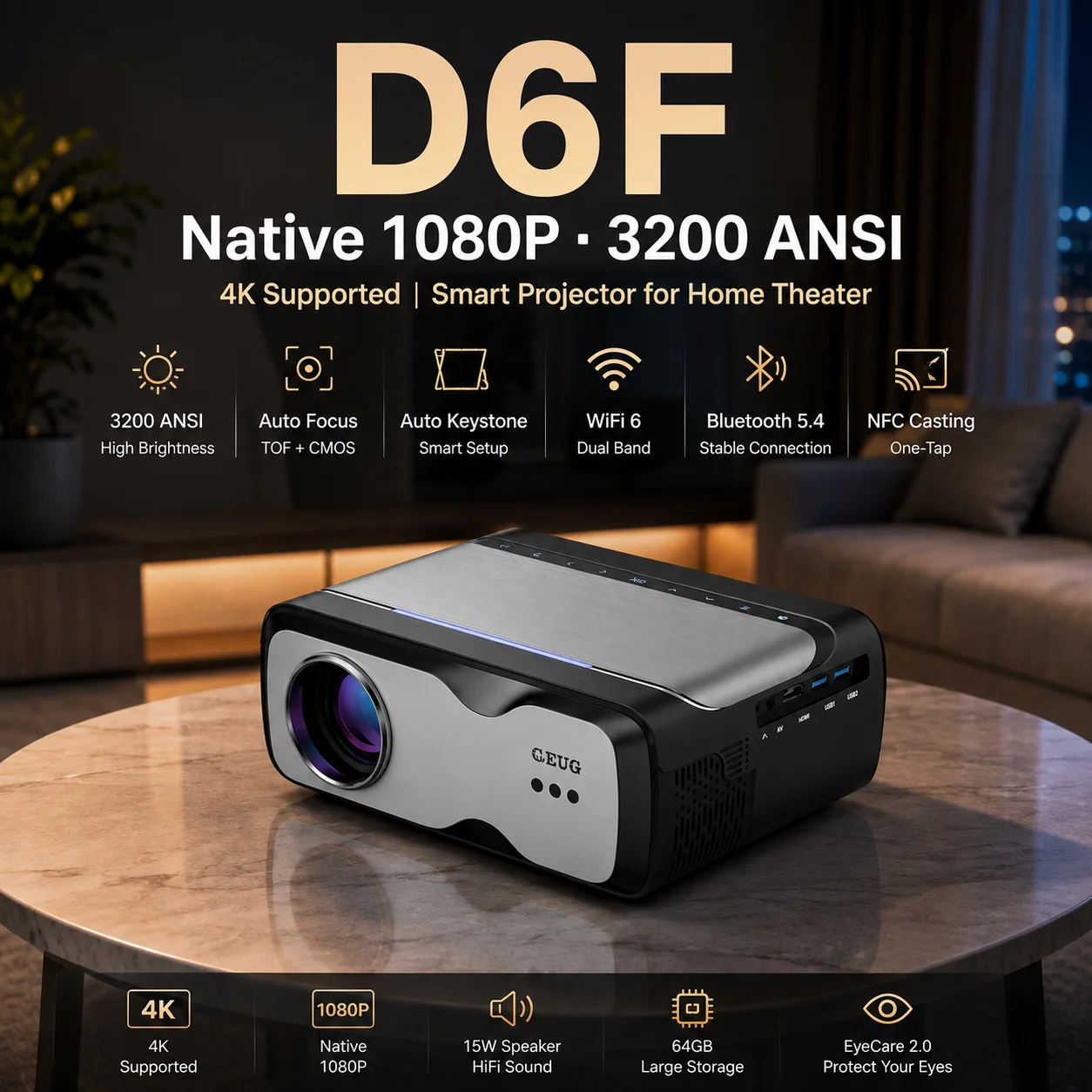 Home Cinema Experience - Projektor CWEUG D6F 4K 3200 ANSI