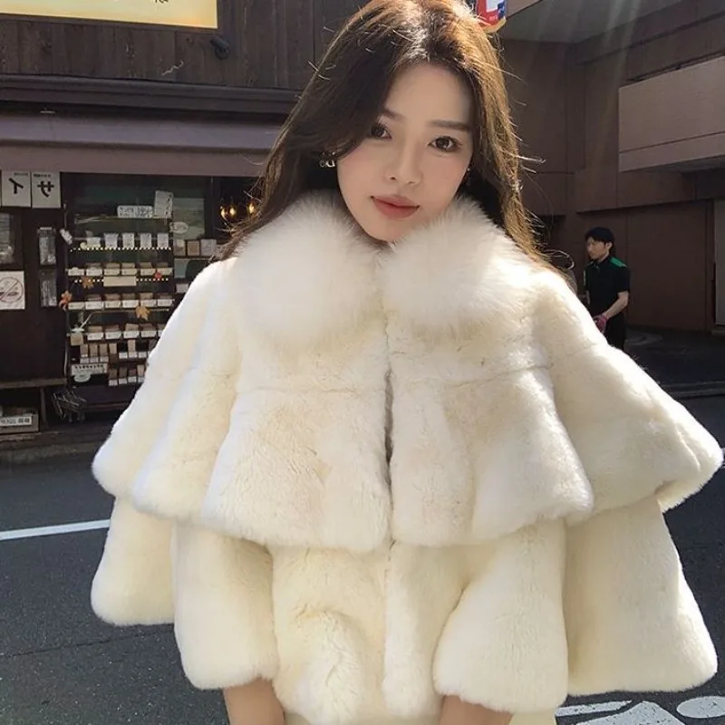 

Winter Woman Faux Rabbit Fur Shawl Coat Imitation Fox Hair Collar Cloak Jacket Flocking Ruffles Cardigan Capes Furry Poncho Tops