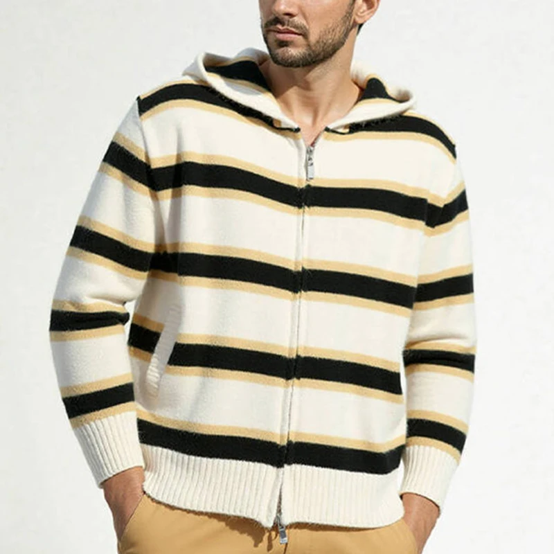 خمر التباين اللون مخطط سترة متماسكة رجل الخريف جديد عادية سحاب أكمام طويلة جاكت مزود بغطاء للرأس الرجال محبوك Sweatercoats