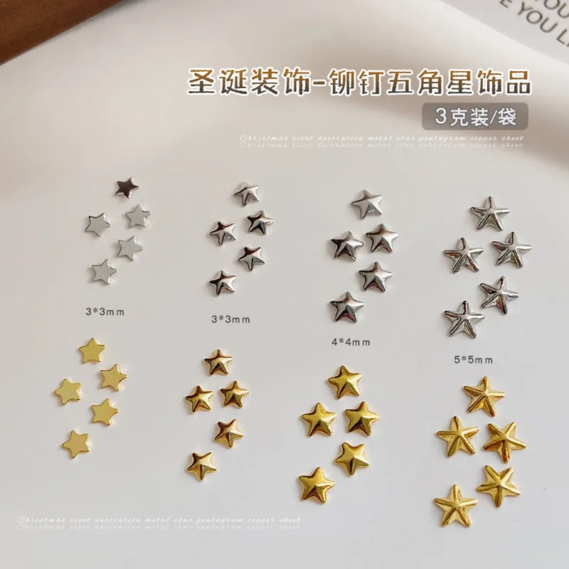 1bag 3mm/4mm/5mm Gold/Silver Five-pointed Star Hot Fix Nail Art Mini Rivet Punk Rock Style For DIY Nail Art Decoration