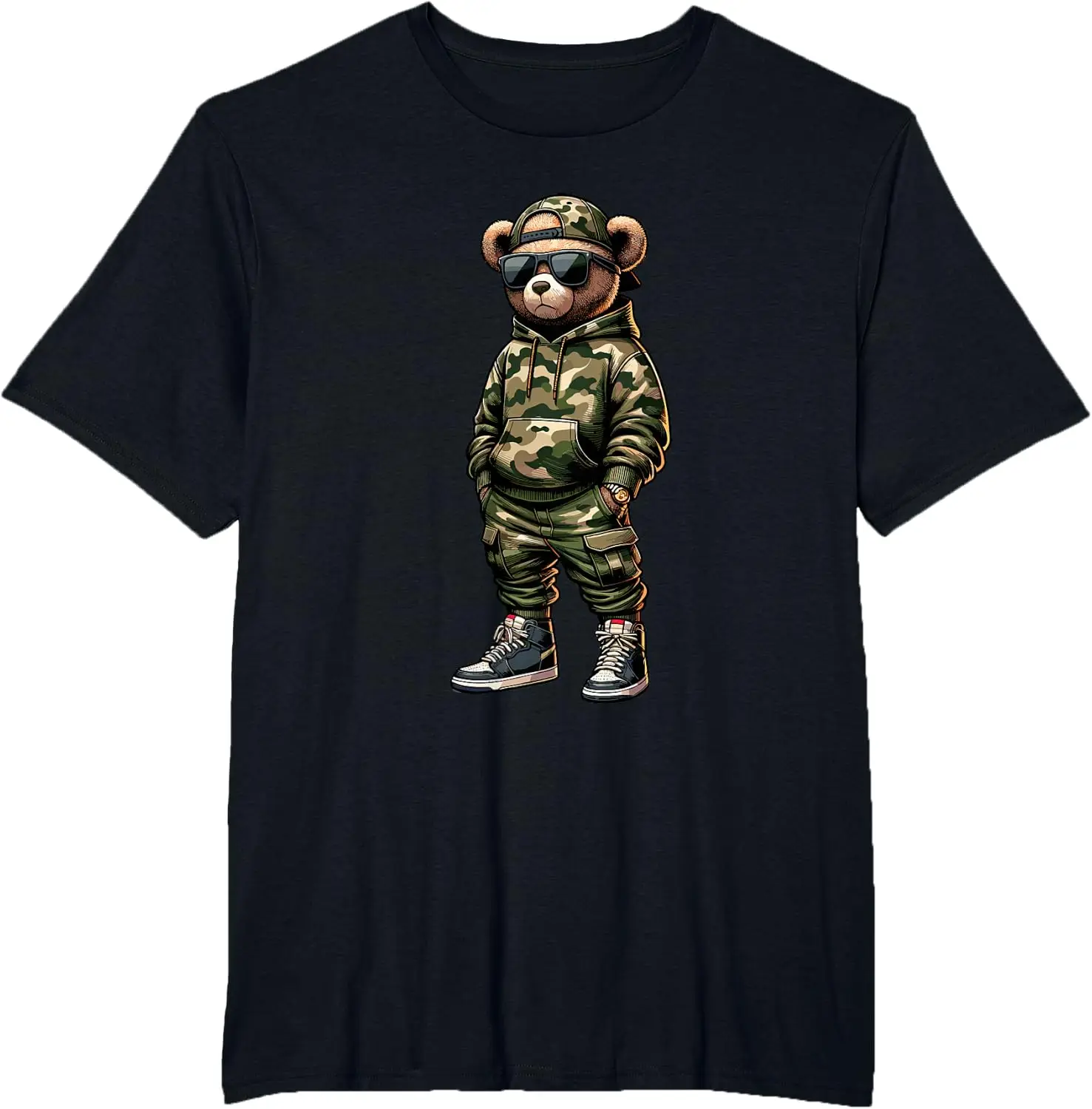 Camouflage Hip-Hop Teddy Bear Cool Rap Singer Streetwear Pattern T-Shirt