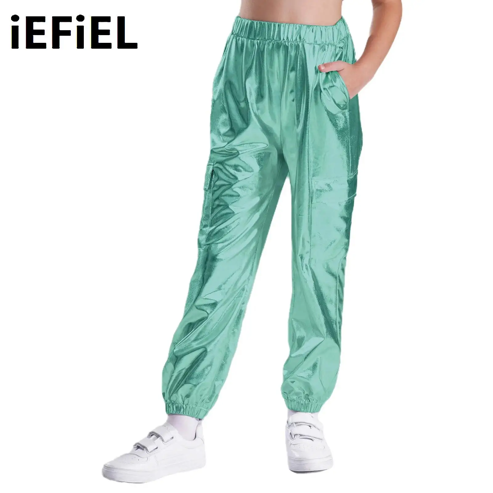 

Kids Metallic Shiny Pants Boys Girls Unisex Elastic Waistband Trousers with Pockets for Hip-Hop Jazz Dance