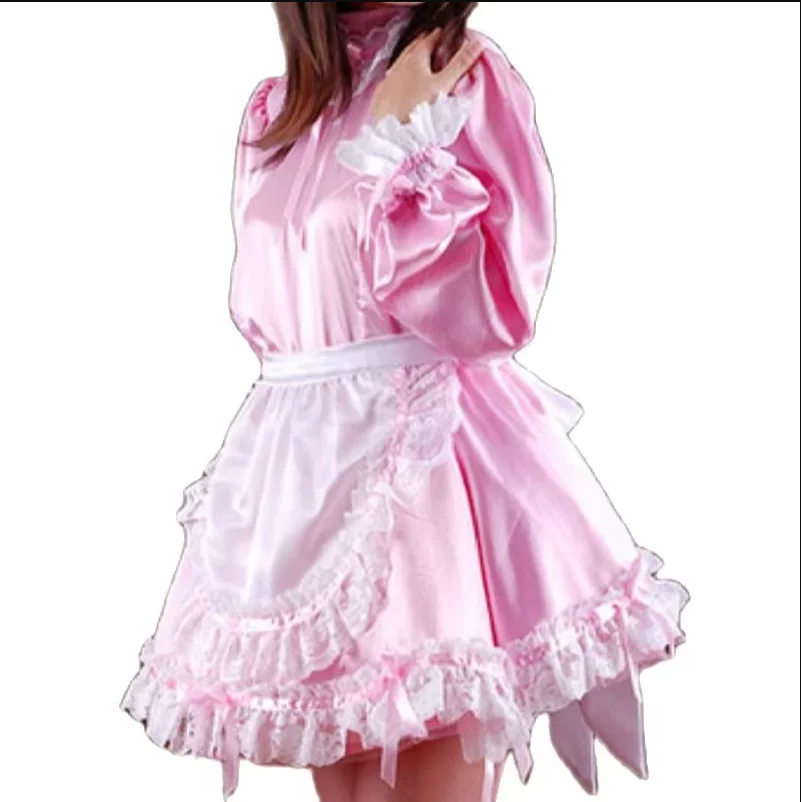 

Adult Giant Baby Cross Dressing Sexy Girl Pink Satin Dress White Apron Sissy Role-playing Makeup Ball Maid Custom Lockable