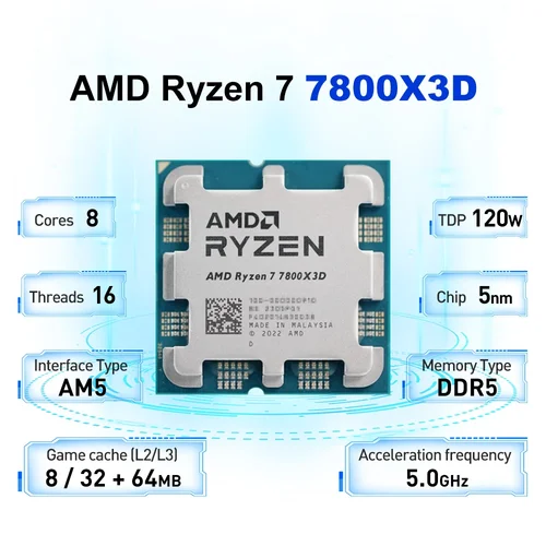 Imagen 2 del producto Procesador AMD Ryzen 7 7800X3D 4,2 GHz 5NM L3 = 96M 8 núcleos 16 hilos R7 7800X3D DDR5 120W Socket AM5 NUEVO pero sin ventilador