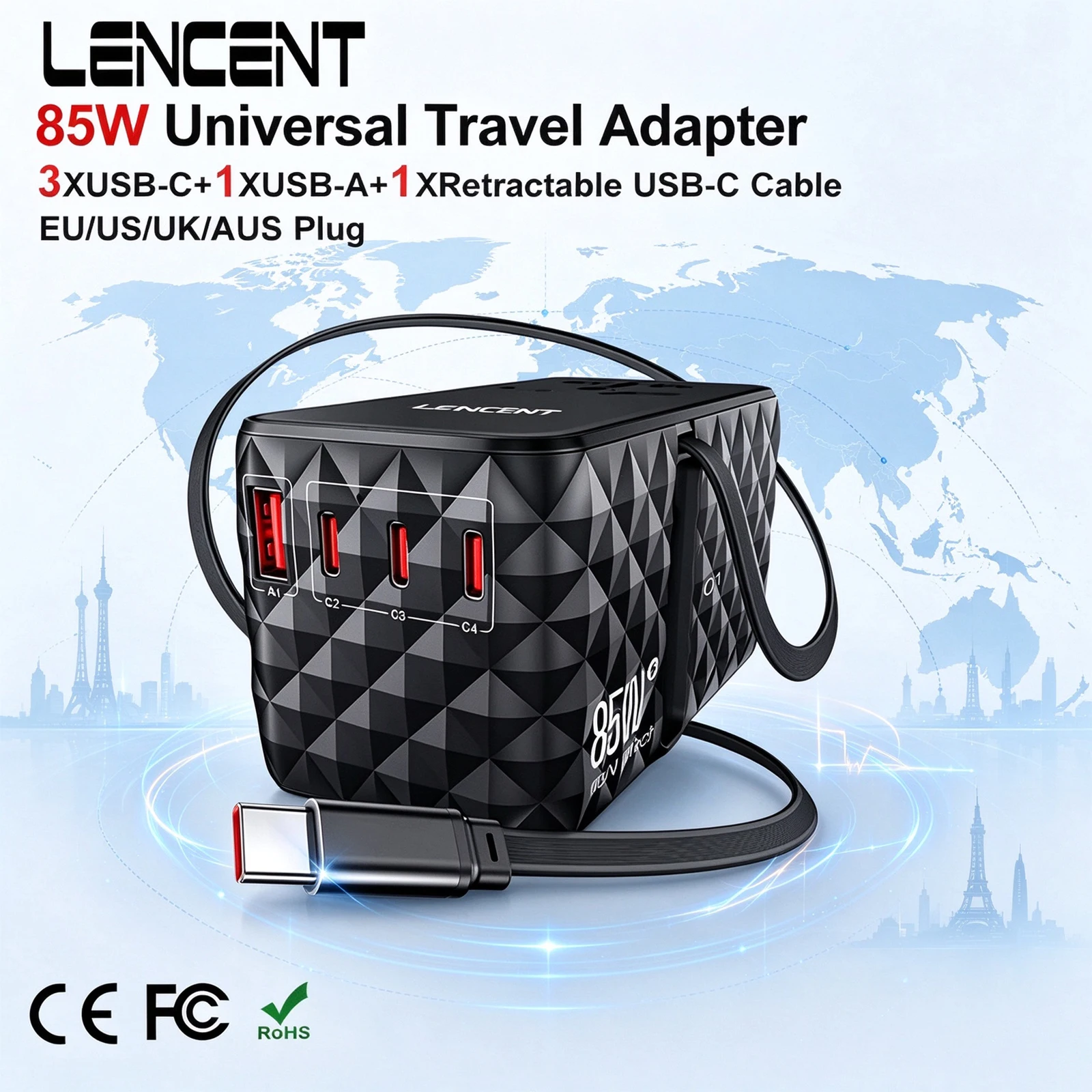 LENCENT 85W GaN Universal Travel Adapter with 1USB-A +3 Type C +1USB-C +1Retractable USB-CFast Charging Power Adapter for Travel