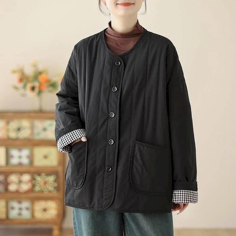 

Quilted Coats for Women Elegant Lightweight Cotton-padded O-neck Jackets Loose Long Sleeve Casual Single Breasted Women Clothing