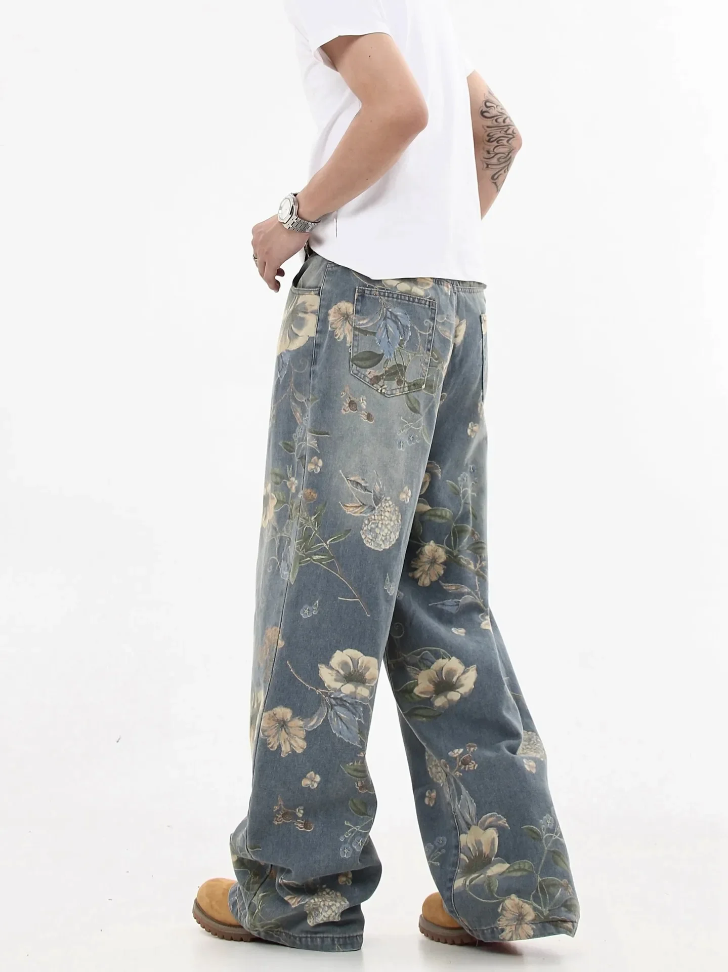 Flower Printed Baggy Jeans Vintage Baggy Straight Denim Pants Men Streetwear Harajuku Hip Hop Oversized Jeans Trousers Y2k