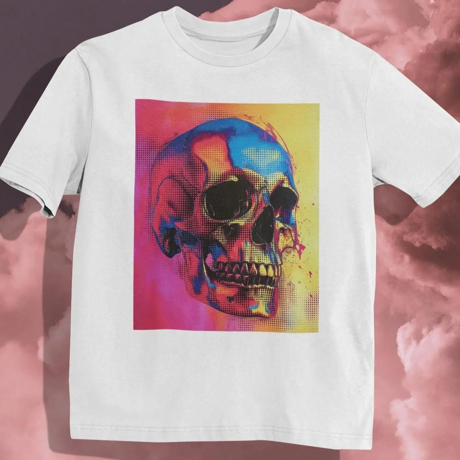 Skull T Shirt With Vibrant Neon Pop Art Colors Bold Psychedelic Streetwear Design vintage Washed Slightly Breathable Casual