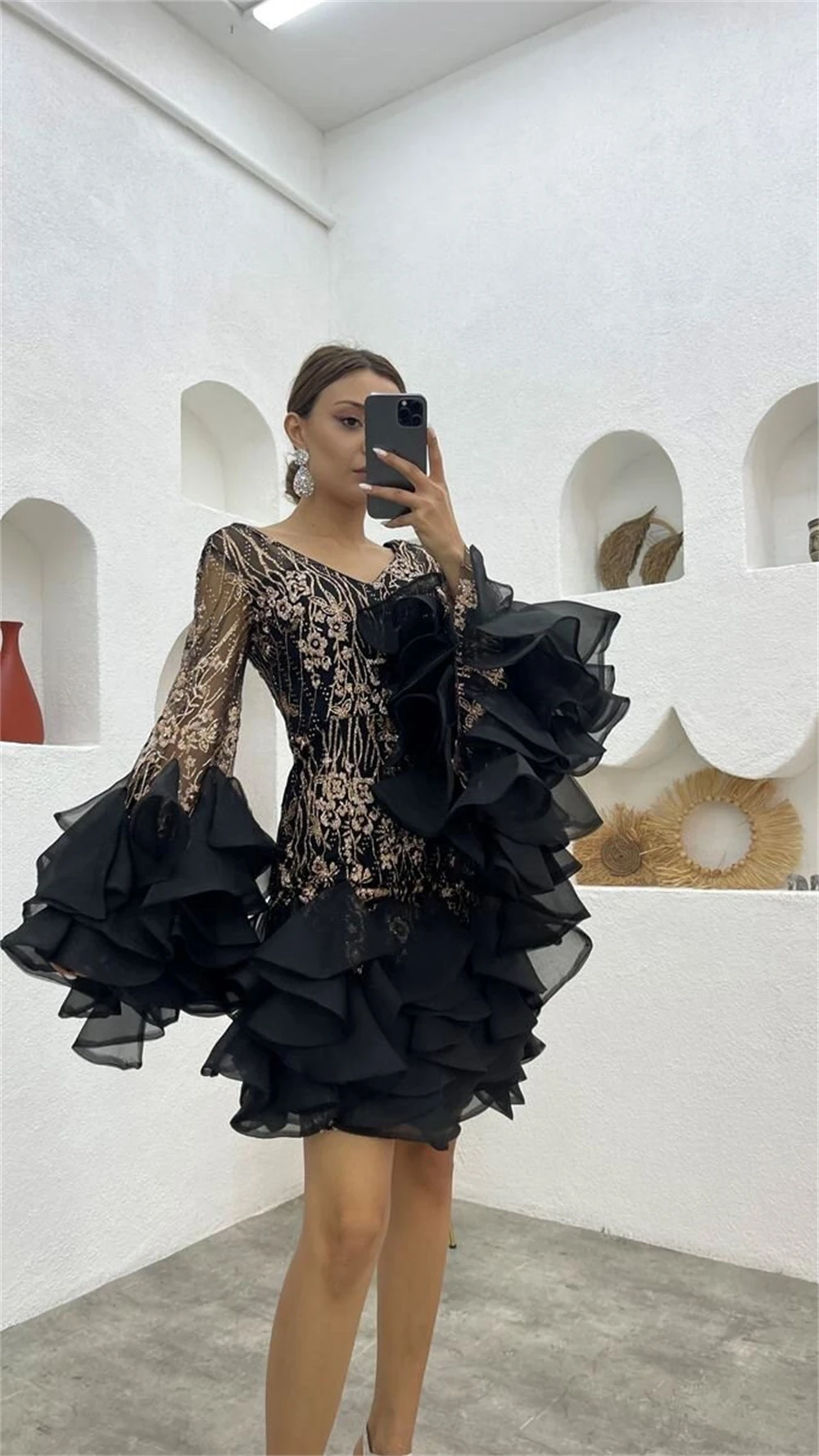 Vestidos de fiesta Corta Mini Escote en V Una línea Fruncido Moda formal Vestido de noche de manga larga فسات Бmaveratükoluden 2023