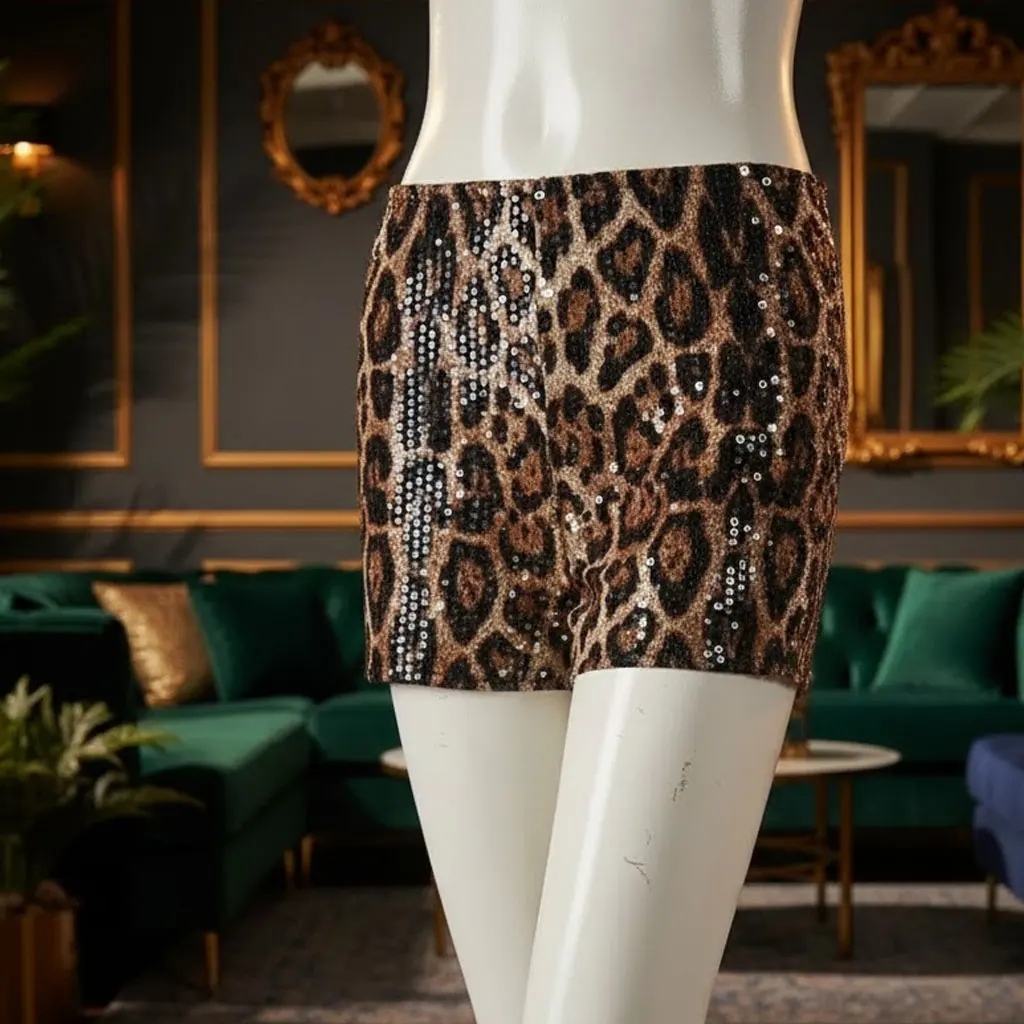 

Женские шорты с пайетками и бисером — шорты с эластичной резинкой на талии с леопардовым принтом