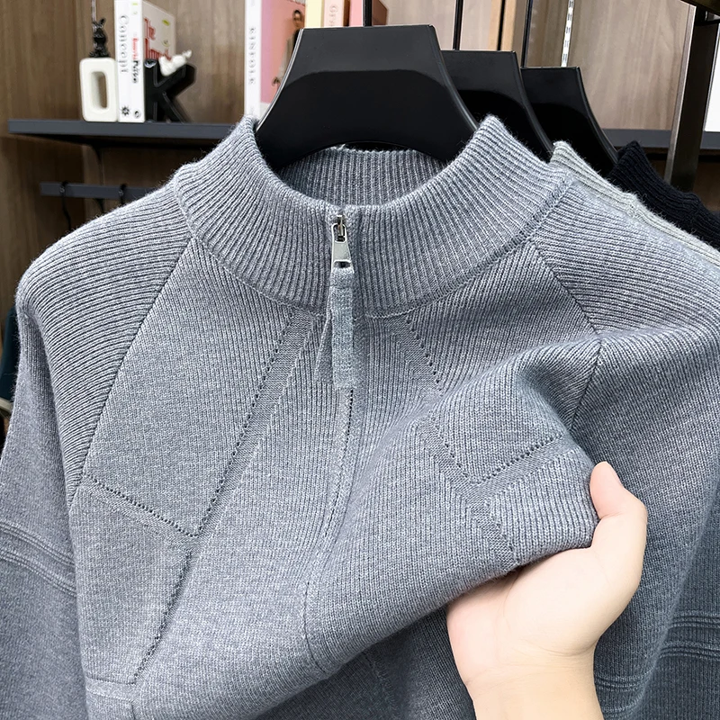 High Quality solid color men's sweater coat thicken autumn winter warm luxury new casual zipper semi high neck knitted cardigan