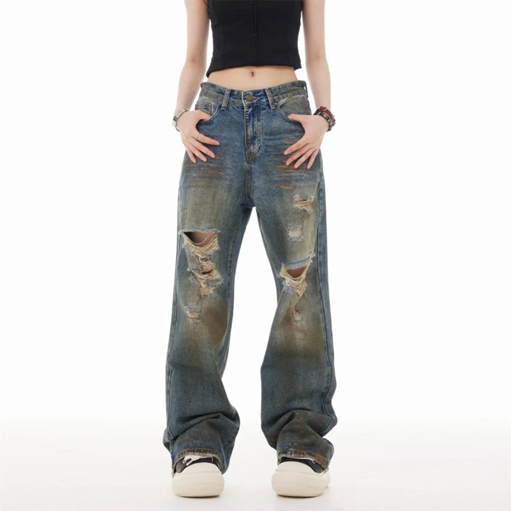 

New men's baggy jeans straight pants old holes American retro fashion trend high street hip hop casual niche summer mens bottoms