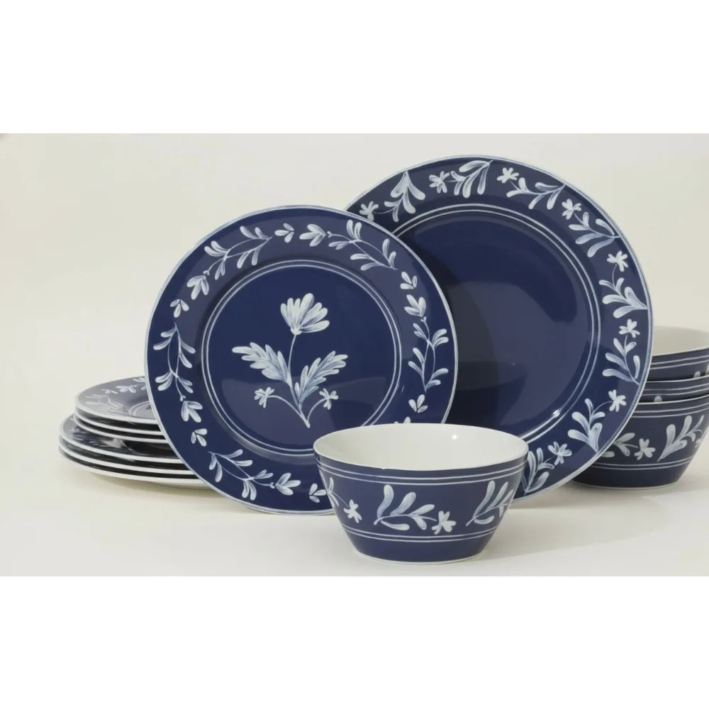 

Элегантный набор столовой посуды небесно-голубого цвета с цветочным принтом — тарелки и миски из веганского костяного фарфора — сервис для 4. — можно мыть в посудомоечной машине