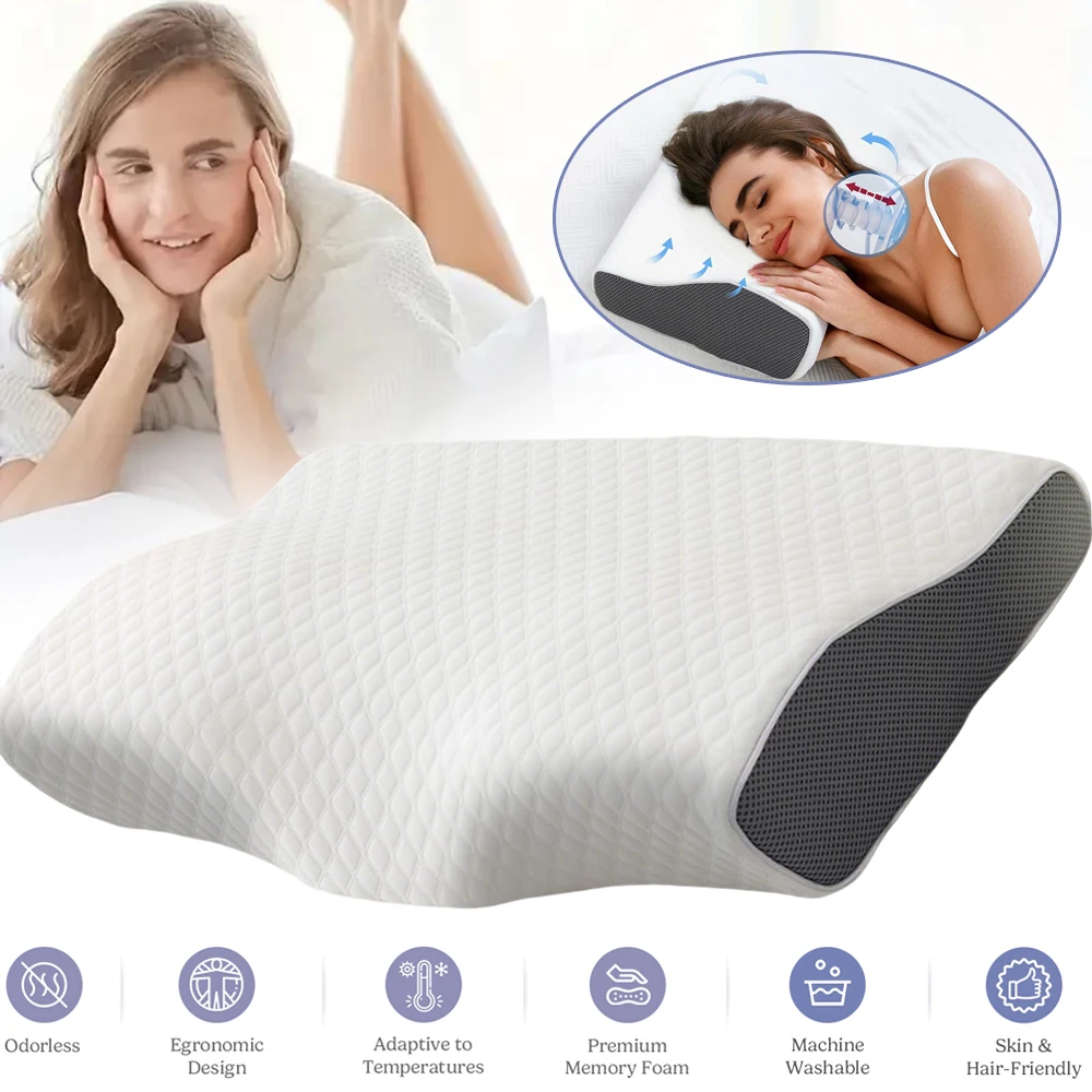 Oreiller confortable en mousse à mémoire de forme, oreiller de soutien pour le cou, design papillon, oreiller de sommeil avec fermeture éclair pour les dormeurs sur le côté, les dormeurs sur le dos
