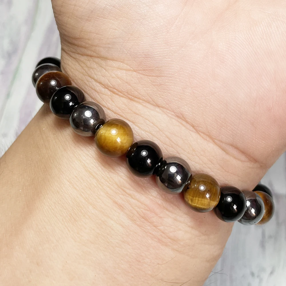 Ruberthen 8 MM Tiger Eye Black Tourmaline Hematite Mix Bracelet Mens Natural Gemstone Handmade Wrist Mala