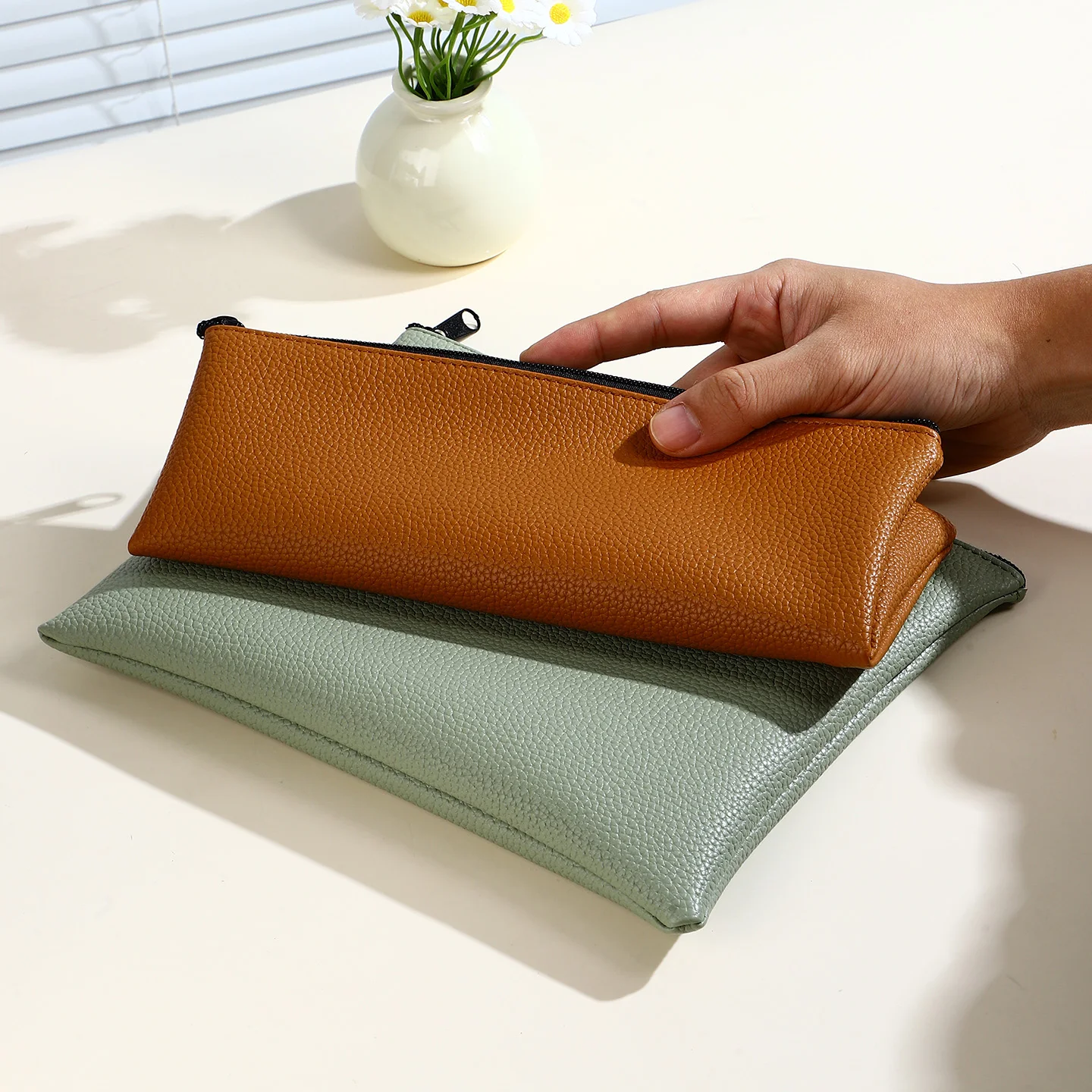 Bolsa de arquivo de couro com zíper único, tamanho 25cm × 20,5cm, organizador para dentro da bolsa de maquiagem grande, organizar cosméticos, bolsa feminina/viagem