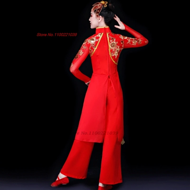 Costume de danse vintage chinois, robe de festival de danse folklorique traditionnelle, ensemble haut + pantalon hanfu, ensemble de danse rétro pour spectacle sur scène, 2025