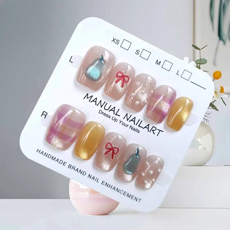 10 Pcs 3D Colorful Cat Eye's Pear Cute Bowknot and Lovely Strawberry Nail Stickers Short Nail Patch Press on Nails False Nails