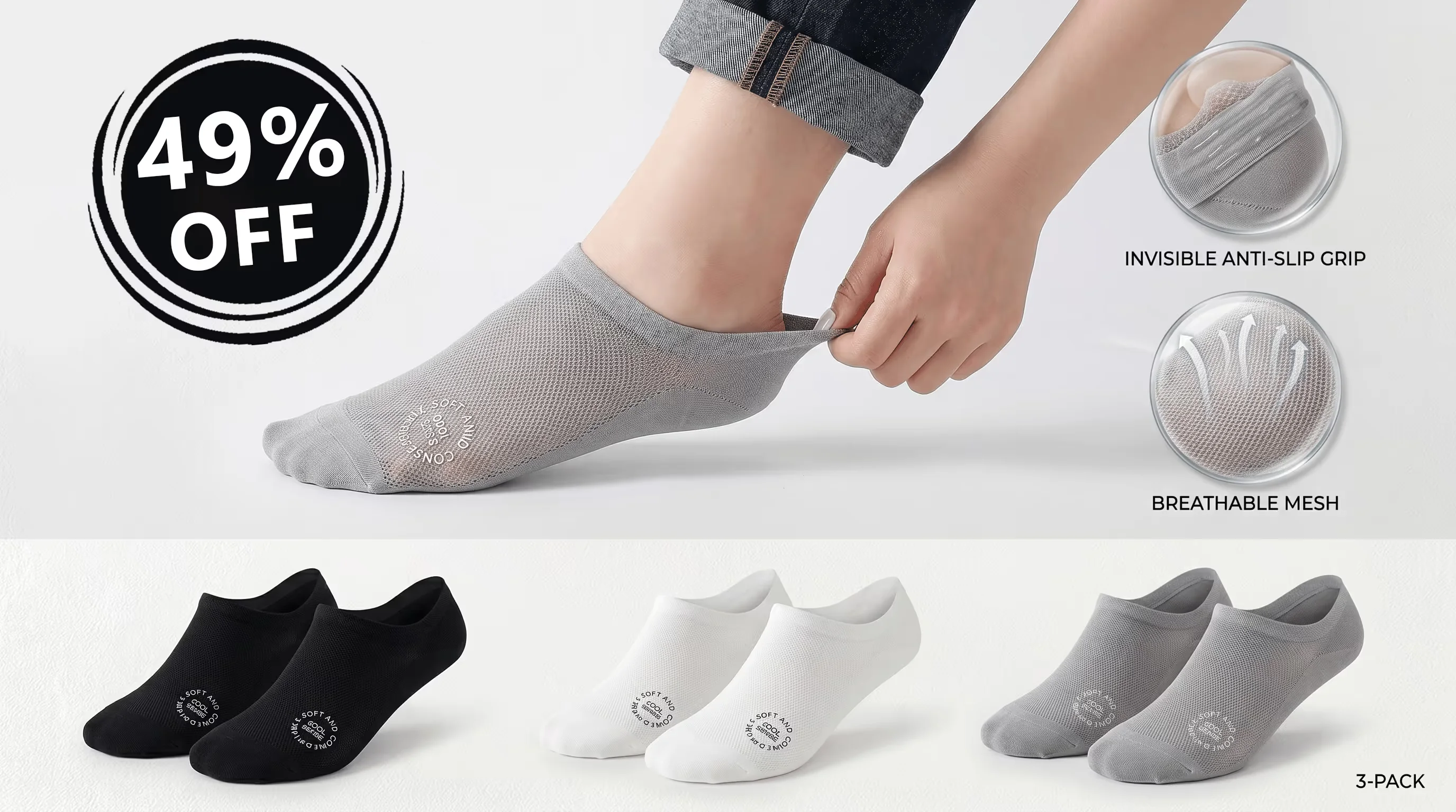 3 Pairs Ice Silk Invisible Boat Socks for Men Summer Thin Non-Slip Low Cut Short Socks with Cotton Sole And Breathable Mesh