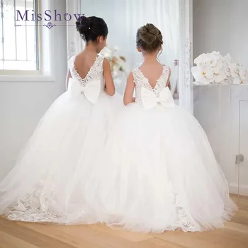 Misshow Schattige Bloemenmeisje Jurken Voor Bruiloft Big Strik Appliqueert Lange Kleine Optochten Meisjes Witte Tule Eerste Communiejurken