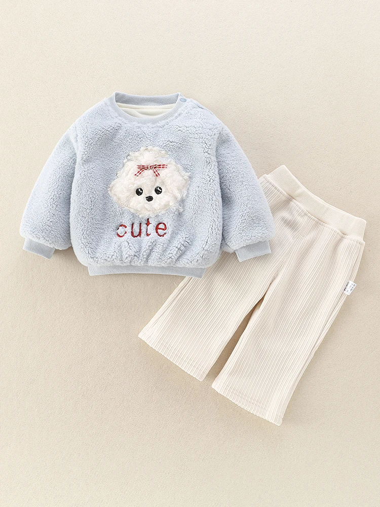 

Adorable Baby Girl's Fce Lined Rer And Overalls Warm Outfit Two Piece Set Trendy Autumn Winter Clothes for Babies